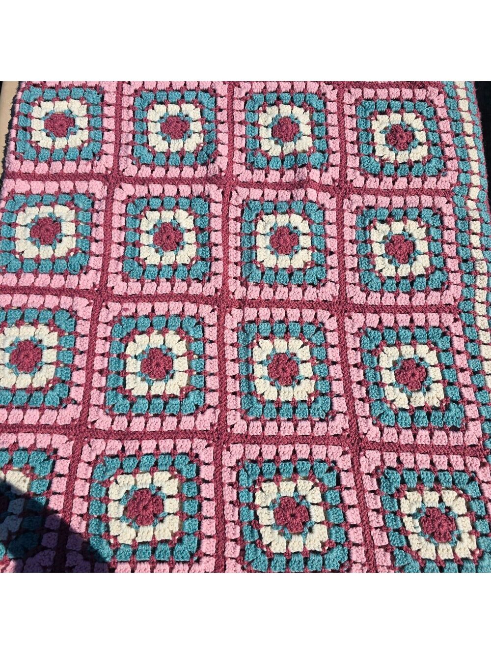 Vintage Crochet Granny Square Afghan Blanket Pink Teal Grandmacore 56" x 72"